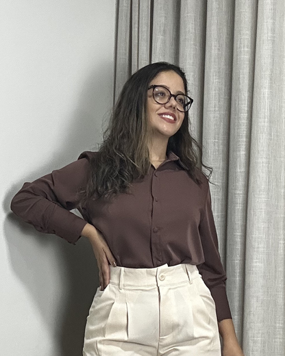 Camisa Feminina Social Manga Longa Crepe Elegante Cecília Marrom