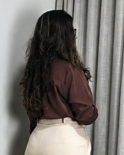 Camisa Feminina Social Manga Longa Crepe Elegante Cecília Marrom