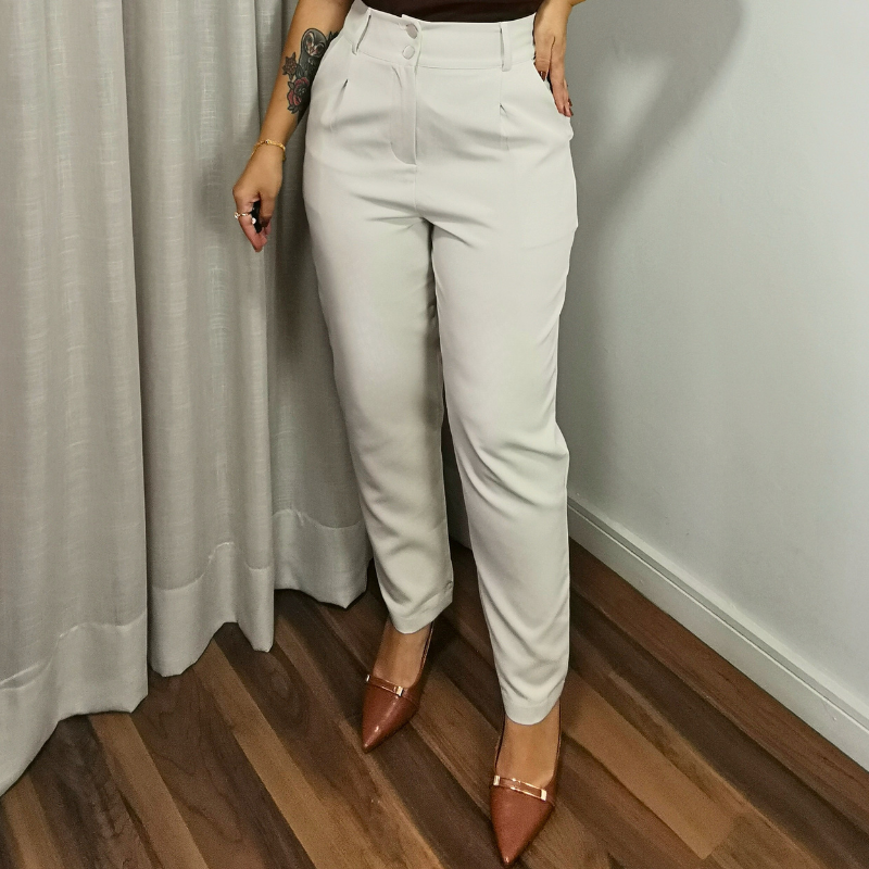 calça alfaiataria feminina bege reta cintura alta laura frente