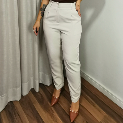 calça alfaiataria feminina bege reta cintura alta laura frente