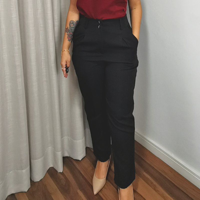 calça alfaiataria feminina preta reta cintura alta laura frente