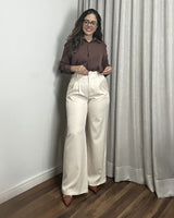 Calça Feminina Pantalona Alfaiataria Twill Elegante Cintura Alta Bege Lorena
