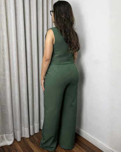 Conjunto Alfaiataria Colete Curto e Calça Wide Leg Verde Isabel