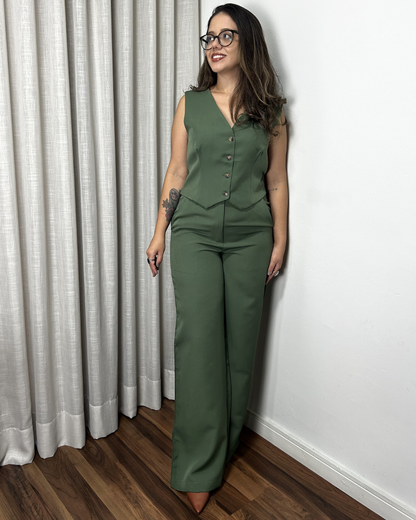 Conjunto Alfaiataria Colete Curto e Calça Wide Leg Verde Isabel