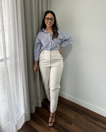 Look elegante com camisa oversized feminina listrada