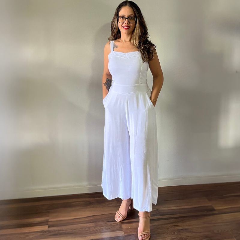 Macacão Pantalona em Viscolinho Branco