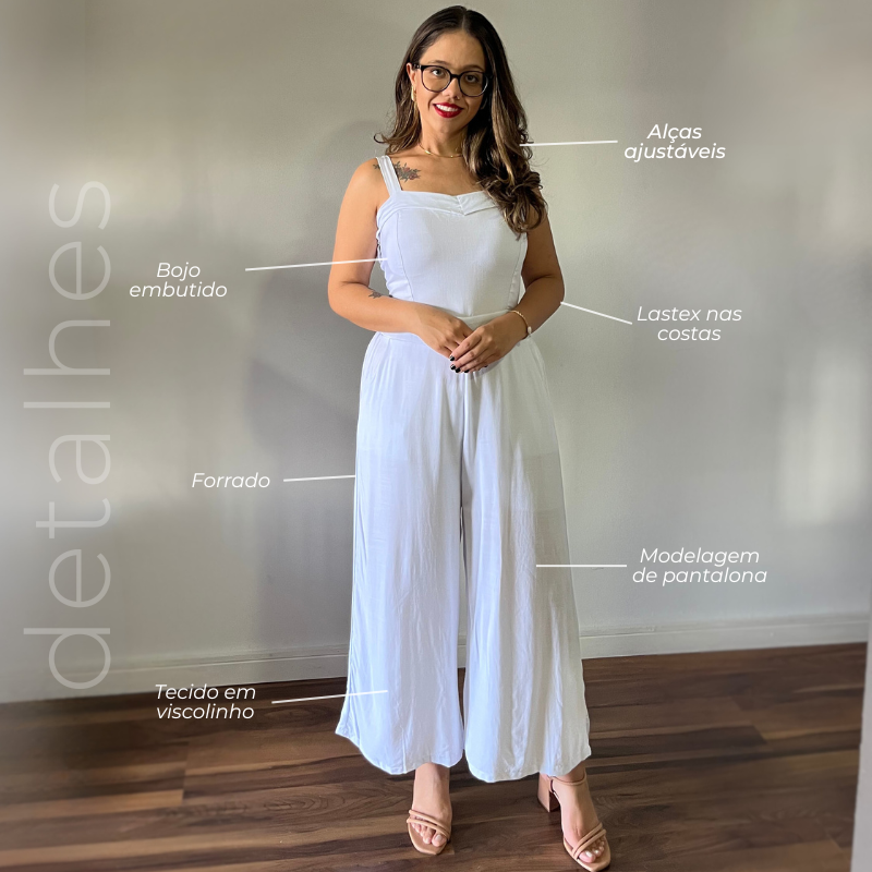 Macacão Pantalona em Viscolinho Branco