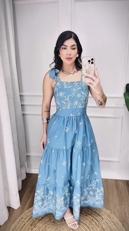 Vestido Tricoline Estampa Floral Caramelo