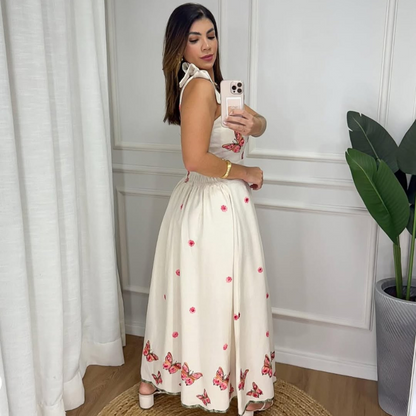 Vestido de Linho Bordado Borboletas Sophie Rosa