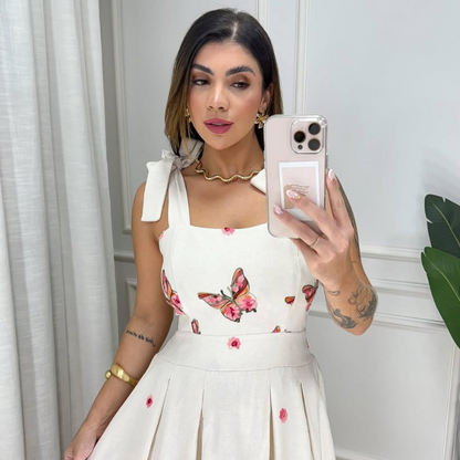 Vestido de Linho Bordado Borboletas Sophie Rosa