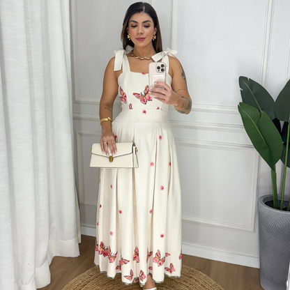 Vestido de Linho Bordado Borboletas Sophie Rosa