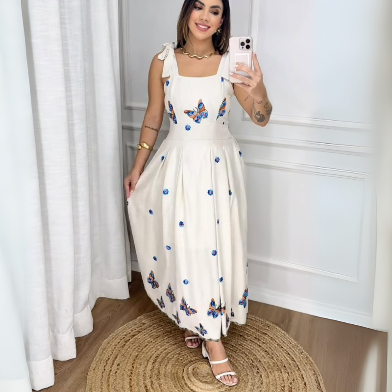 Vestido de Linho Bordado Borboletas Sophie Azul