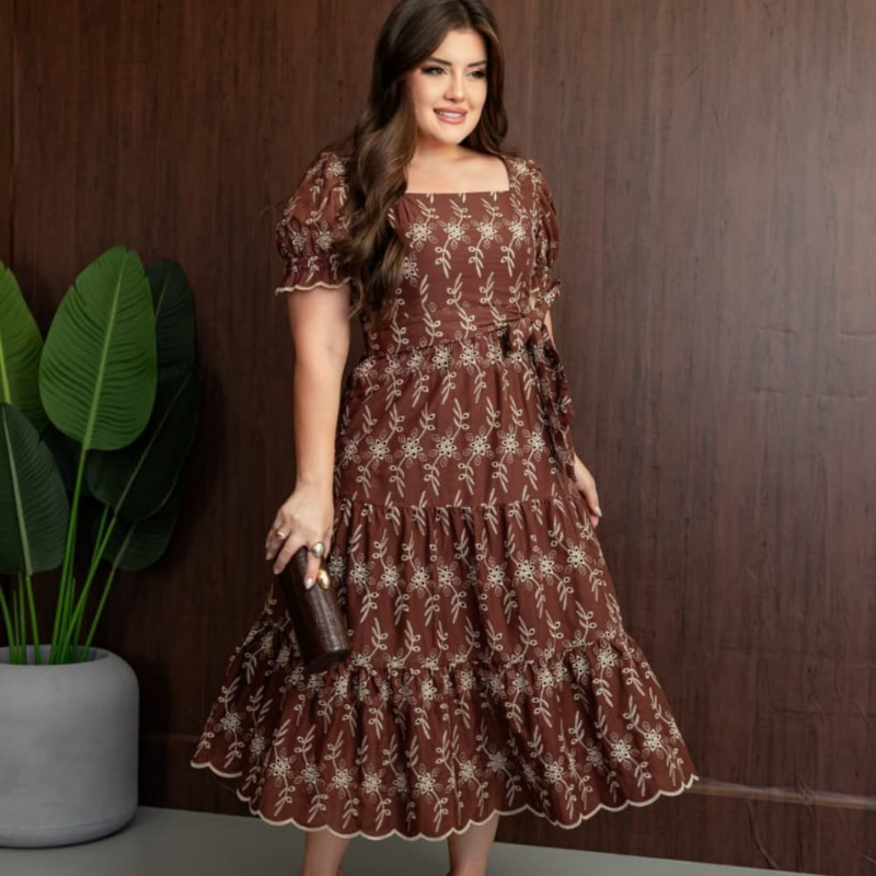 Vestido em Lese Flora Marrom