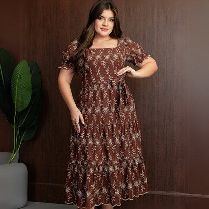 Vestido em Lese Flora Marrom