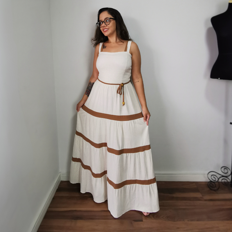 Vestido Longo em Viscolinho Bicolor Olívia