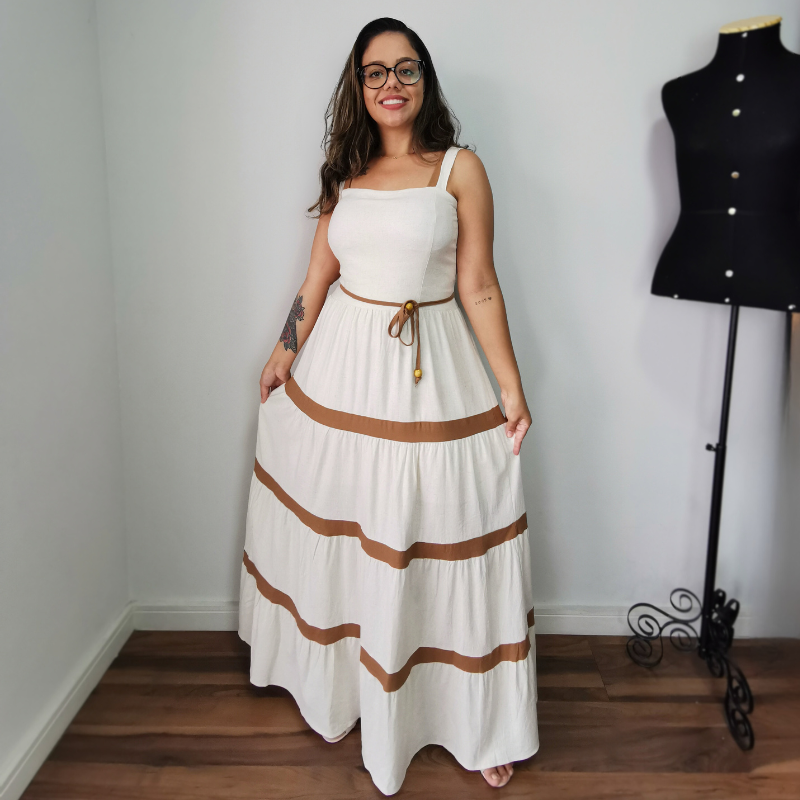 Vestido Longo em Viscolinho Bicolor Olívia