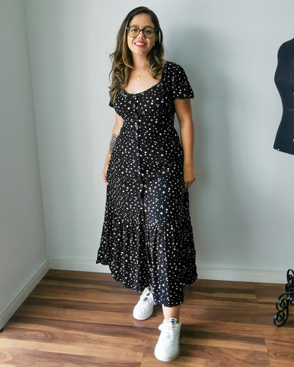 Vestido Midi em Viscose Floral Preto Sabrina