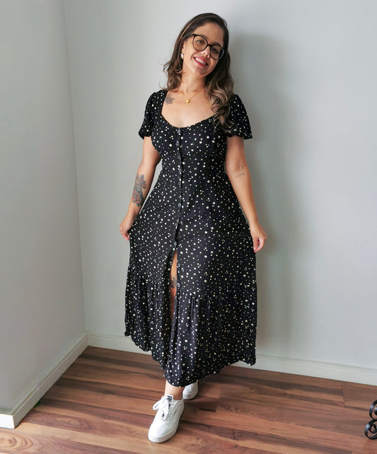 Vestido Midi em Viscose Floral Preto Sabrina
