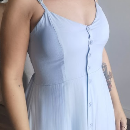 Vestido Midi em Viscose com Botões Azul Claro
