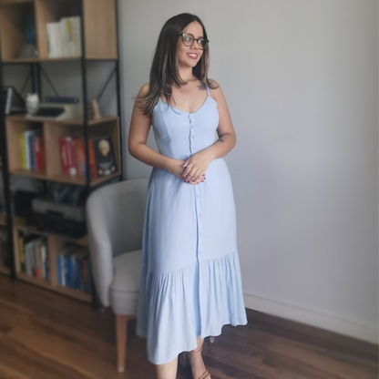 Vestido Midi em Viscose com Botões Azul Claro