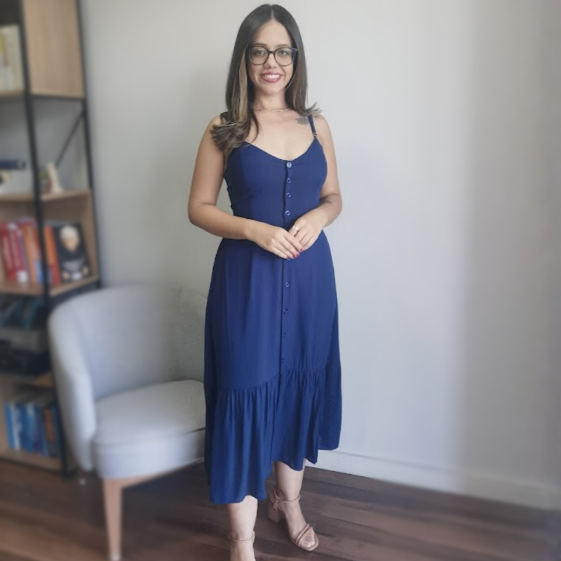 Vestido Midi em Viscose com Botões Azul Marinho