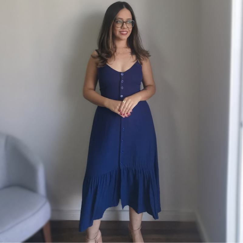 Vestido Midi em Viscose com Botões Azul Marinho