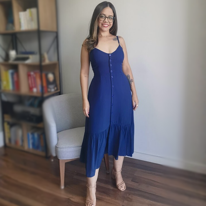 Vestido Midi em Viscose com Botões Azul Marinho