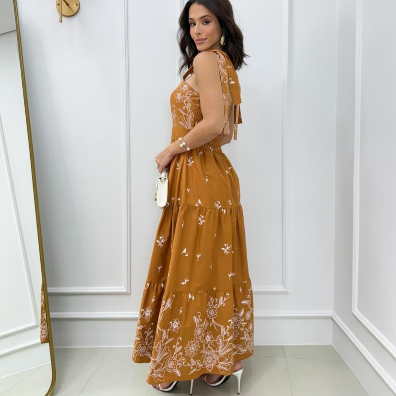 Vestido Tricoline Estampa Floral Caramelo