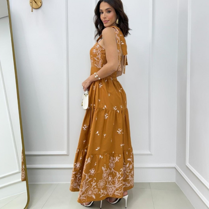 Vestido Tricoline Estampa Floral Caramelo