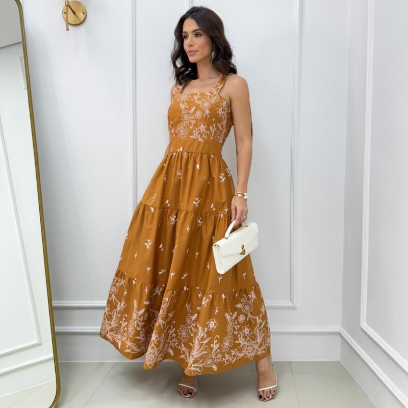 Vestido Tricoline Estampa Floral Caramelo